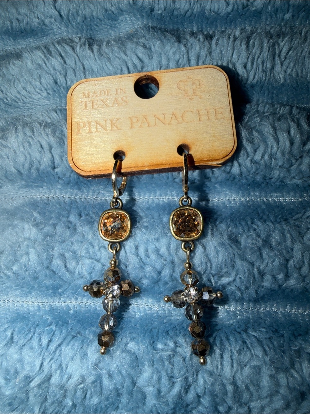 Pink Panache Gold-Tone Crystal Cross Drop Earrings - Smoky Brown Crystals